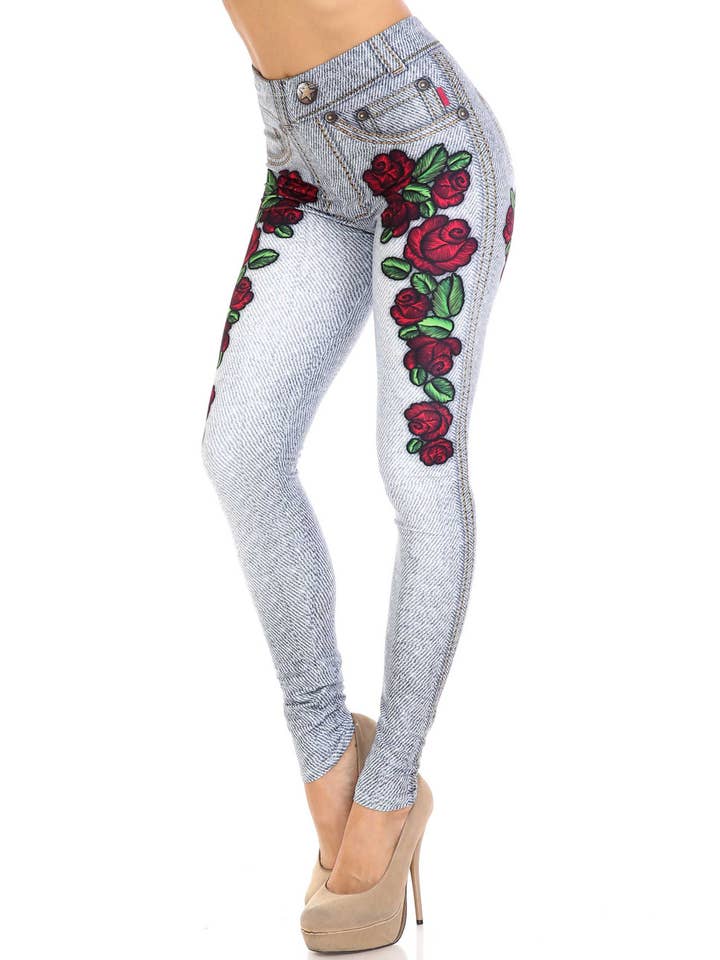 USA Fashion - Wholesale Fashion Leggings - Women's - Creamy Soft Denim Rose Leggings - USA Fashion™
