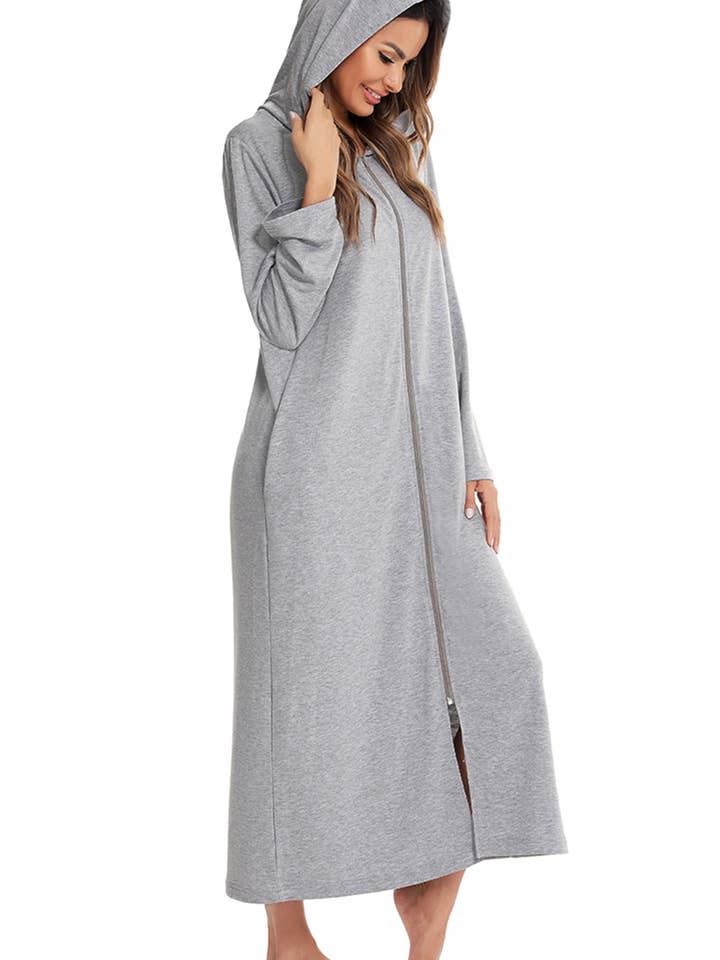 Queenado – wholesale Dress – Women's – Zip Front Hooded Night Dress with Pockets