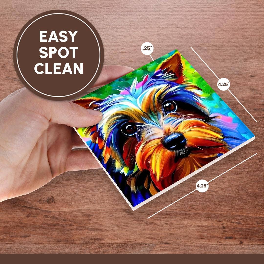 3dRose - Wholesale Coasters - 3dRose, Dazzling Yorkshire Terrier dog portrait on green. Digital art gift, Coaster6