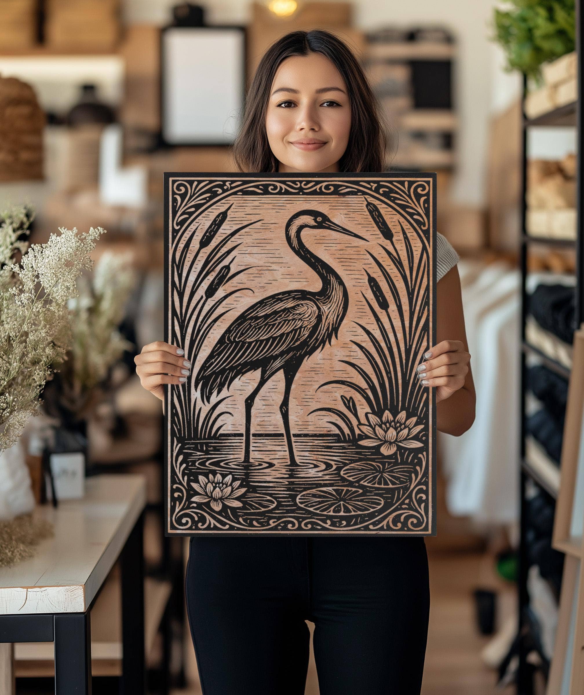 Benoit's Design Co. - Wholesale Wall Sign - Crane in the Lily Pond Engraved Birch Illustration6