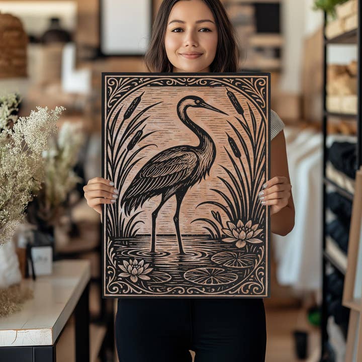 Benoit's Design Co. - Wholesale Wall Sign - Crane in the Lily Pond Engraved Birch Illustration6