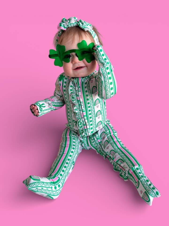 LUCKY RAINBOW RIBBONS DREAM RUFFLE ROMPER for wholesale by Dream Big Little Co.