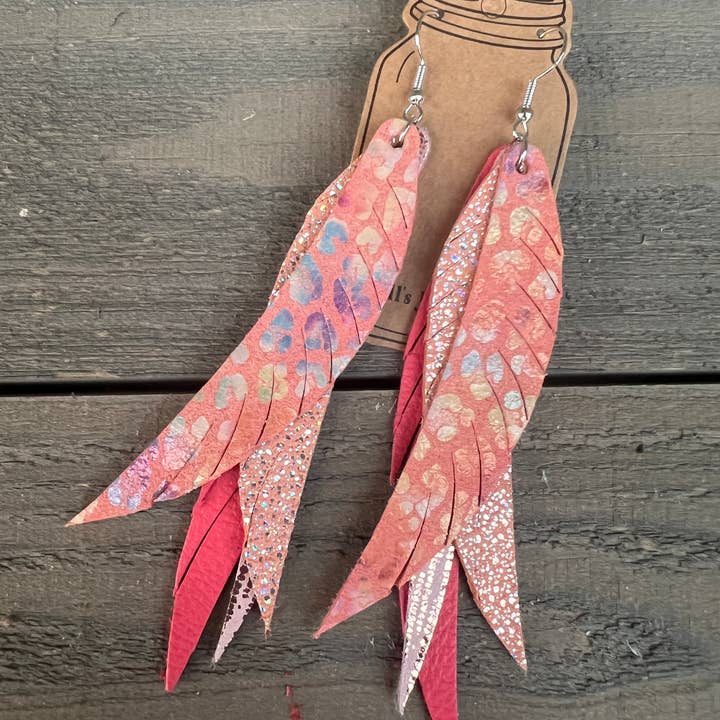 CORAL LEOPARD FRINGE FEATHER LEATHER EARRINGS for wholesale by Jill's Jewels