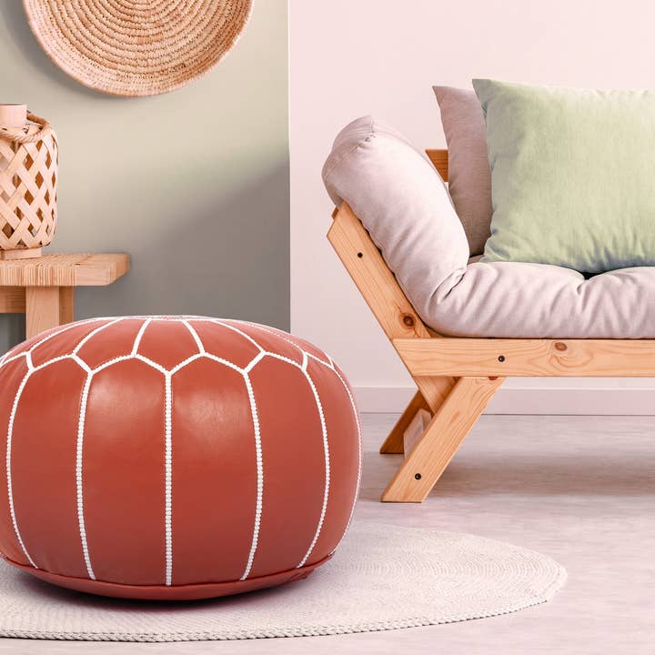 King Of Handmade - Wholesale Ottoman - Orange Ottoman for Living Room, Bedroom - Leather Pouf