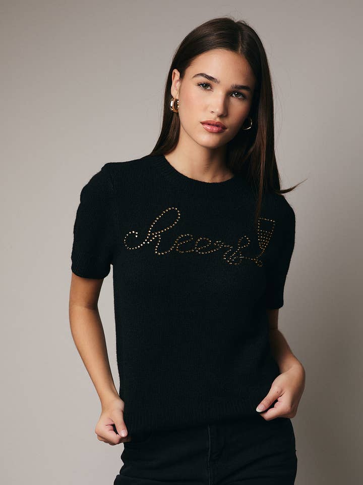 ROUND NECK RHINESTONE LETTERING SWEATER for wholesale by Sunday Edition by LE LIS