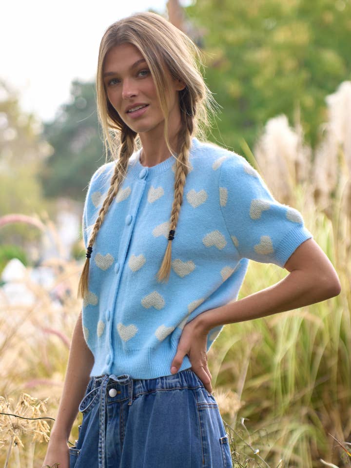 BUTTON DOWN HEART PRINT KNIT TOP for wholesale by JADE BY JANE