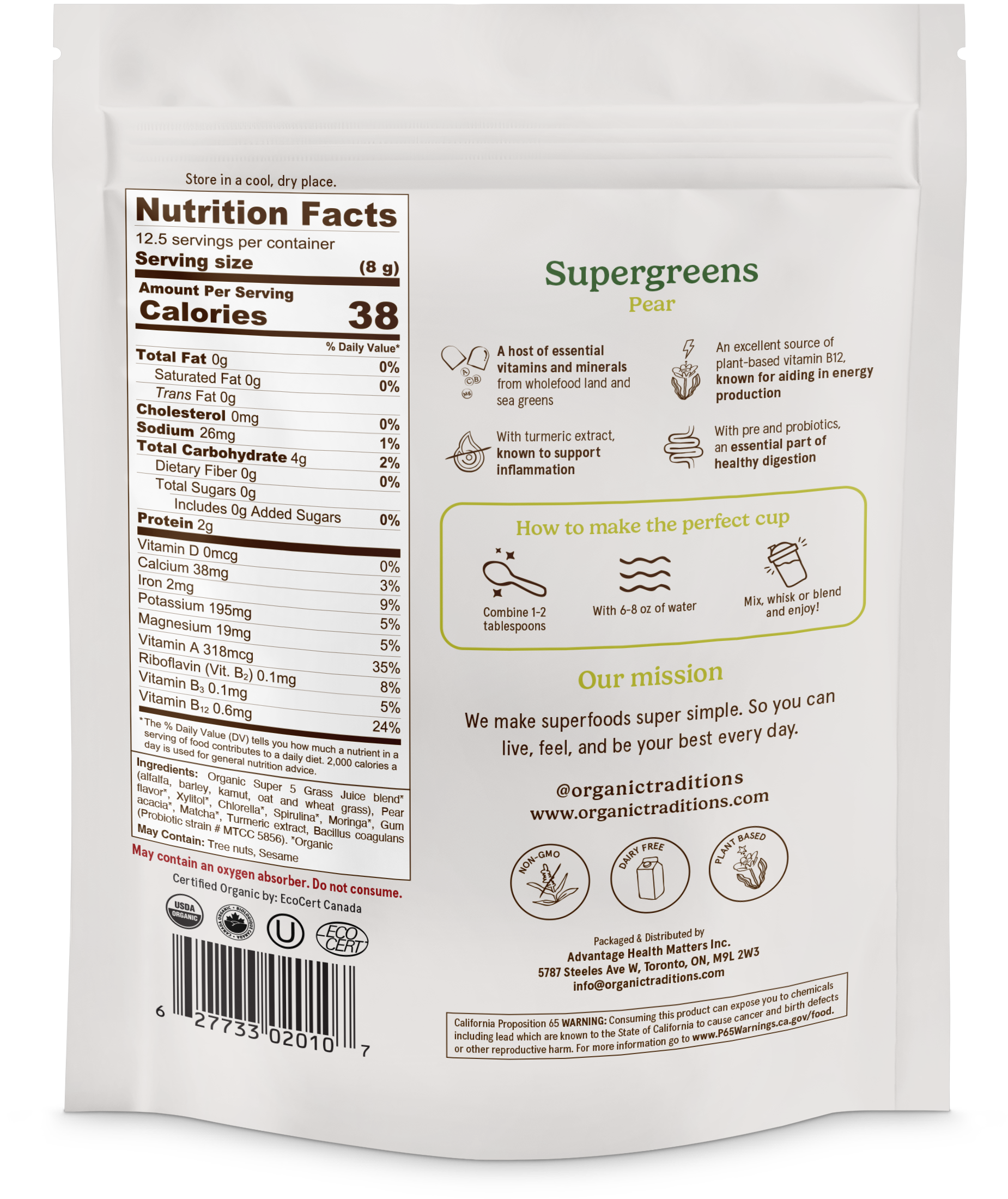 Organic Traditions - Wholesale Protein/Superfood Powder - Pear Super Greens Powder1