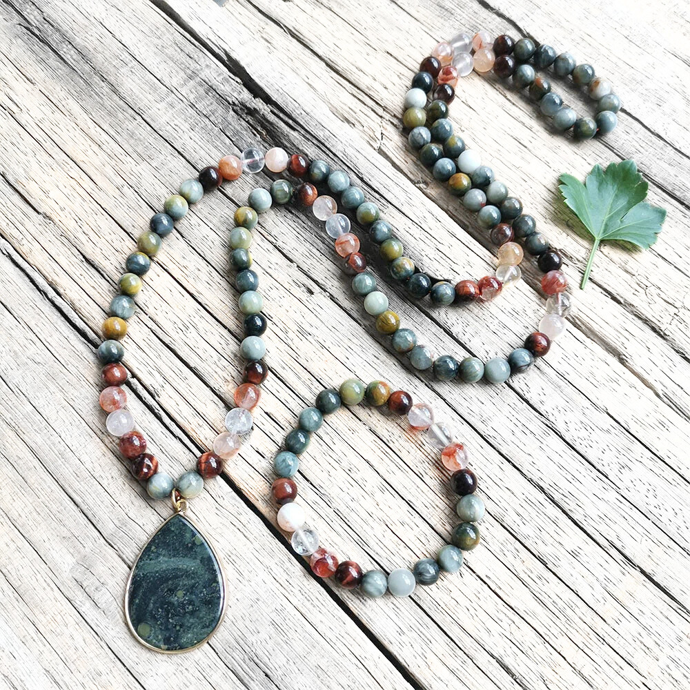 Harmony Mala - Wholesale Prayer Beads Necklace - Red Tiger Eye, Fire Quartz, and Green Eagle Eye Mala Bead Necklace – Grounding & Vitality8