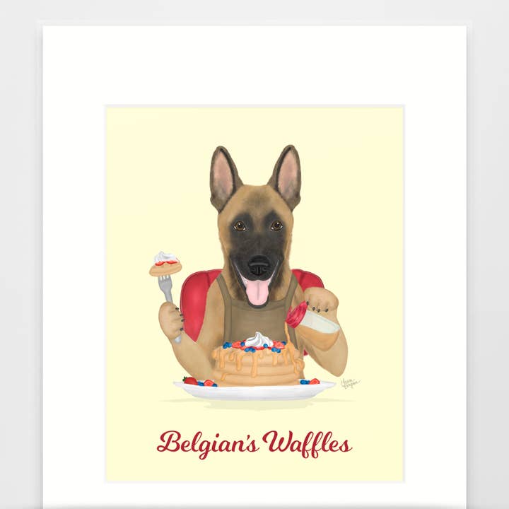 Gravure d'art sur un chien malinois belge, Belge's Waffles pour la vente par Laura Bergsma Studio