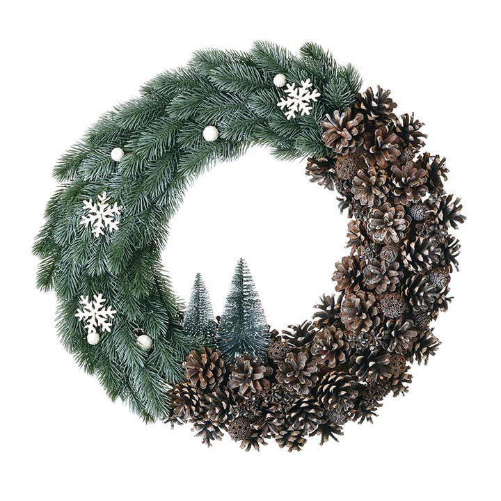 Heaven Sends – wholesale Wreath – SNOWY PINECONE WREATH WITH SNOWFLAKES