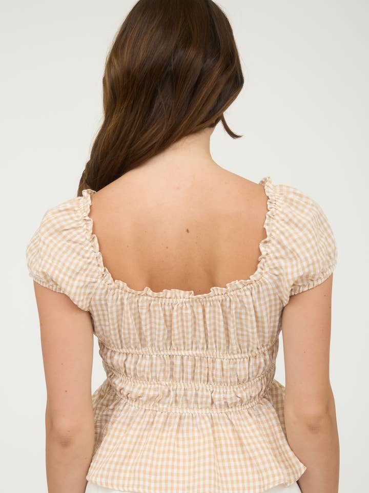 Blu Pepper - Wholesale Blouse - Women's - GINGHAM BOW DETAIL SHIRRED WAIST SHORT SLEEVE TOP