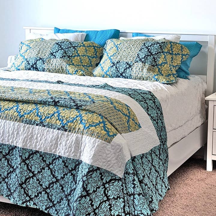 Tache Home Fashion - Wholesale Bedding Set - Tache Teal Turquoise Scalloped Reversible Bedspread Queen