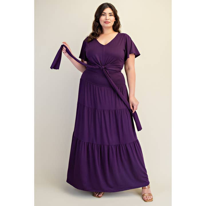 PLUS SIZE SHORT SLEEVE TIE FRONT TOP AND MAXI TIERED HEM SKI for wholesale by The Curve LA