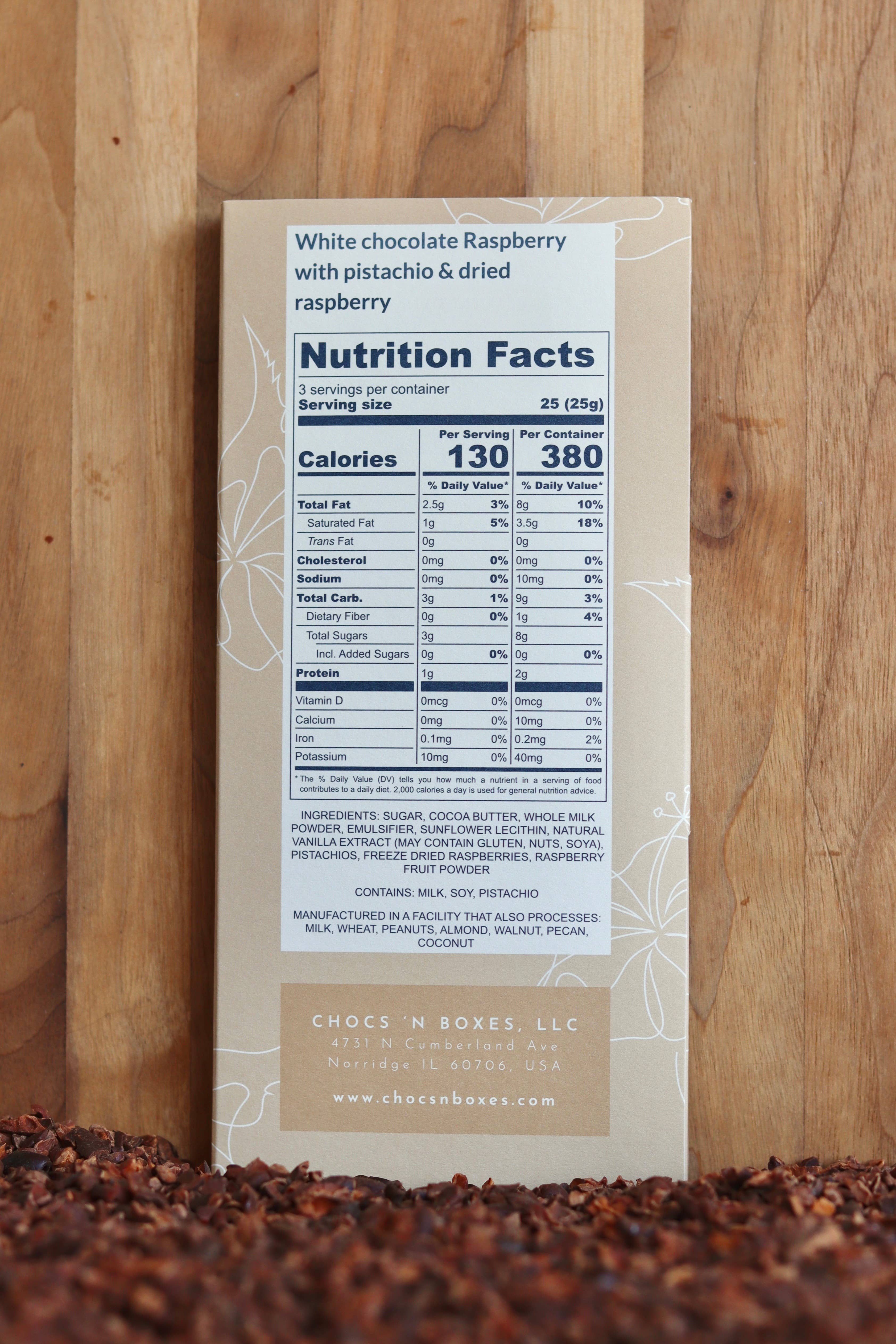 Chocs ‘N Boxes - Wholesale Chocolate Bar - 35% White Chocolate Bar with Pistachio & Raspberry1