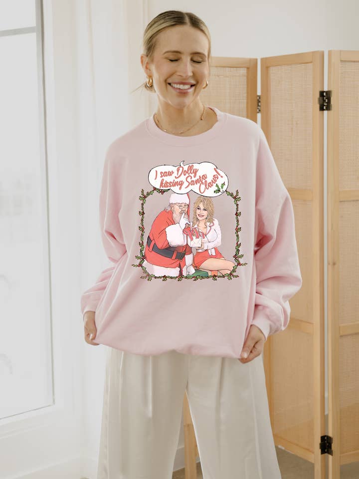 LivyLu - Wholesale Graphic Sweatshirt - Unisex - I Saw Dolly Kissing Santa Clause Pink Thrifted Sweatshirt