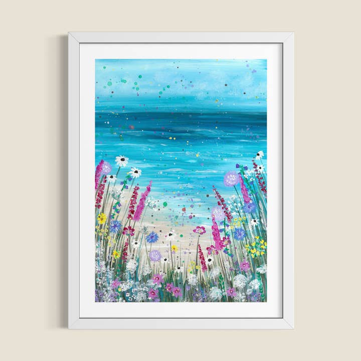 Wildflowers on the Beach, Seascape Wall Art Print for wholesale by Emma LC Art