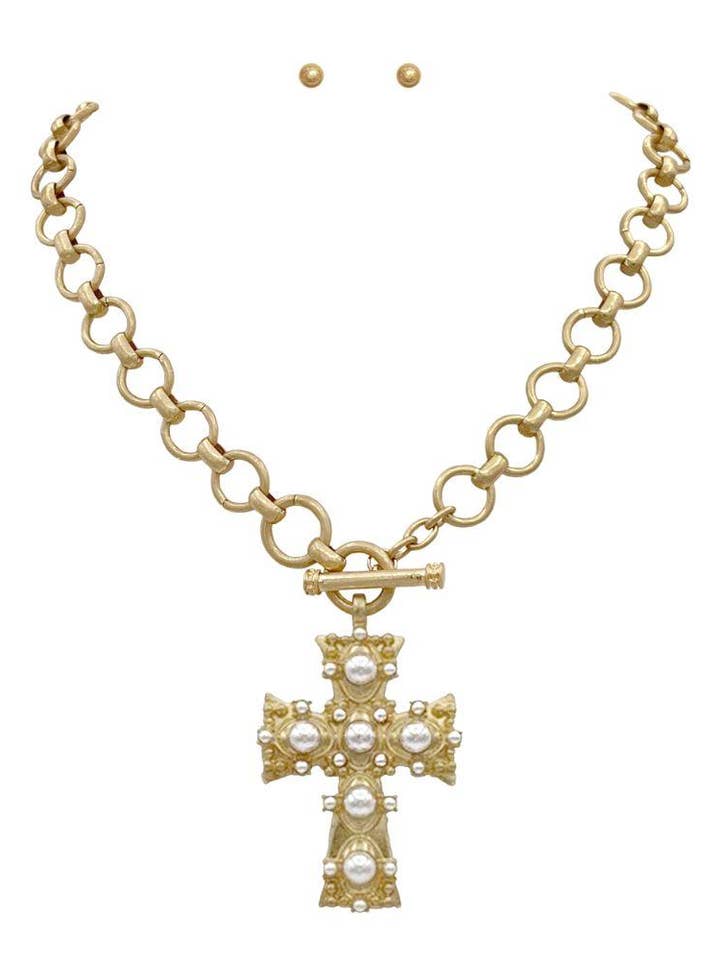 CROSS PEARL BEAD PENDANT CIRCLE LINK TOGGLE CLASP NECKLACE for wholesale by anbfashion