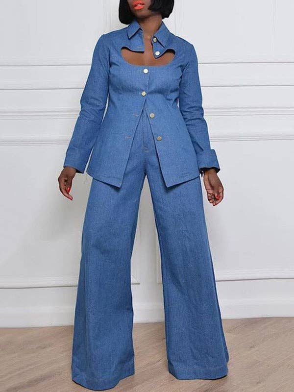DENIM BLUE High-Waisted Jeans with Pockets and Lapel Blouse Sets for wholesale on Faire2