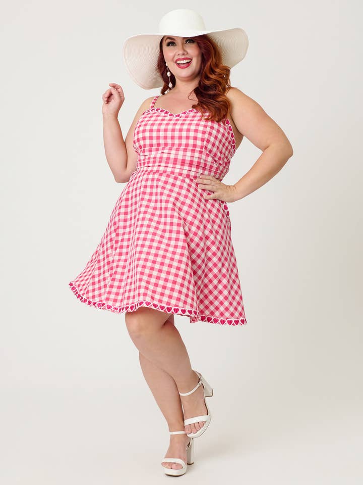 Unique Vintage Plus Size Hot Pink Gingham Follow Your Heart Flare Dress for wholesale by Unique Vintage