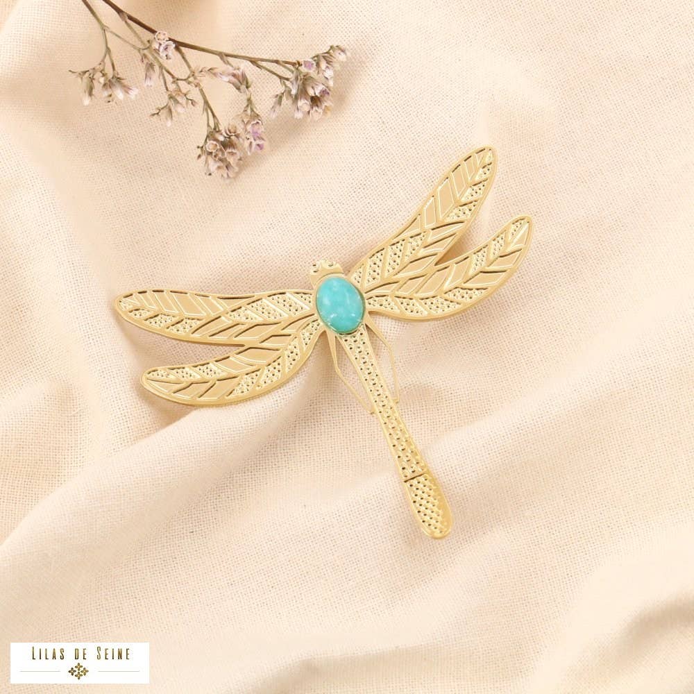 Lilas de Seine - Wholesale Brooch - Dragonfly brooch stainless steel textured cabochon stone 05230060