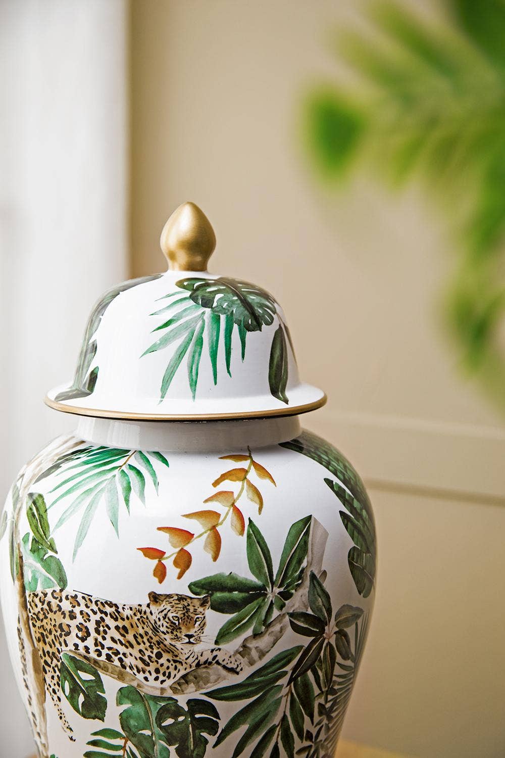 A&B Home Group Inc. - Wholesale Decorative Jar - D9.5x18" White and Green Leaf Pattern Ginger Jar1