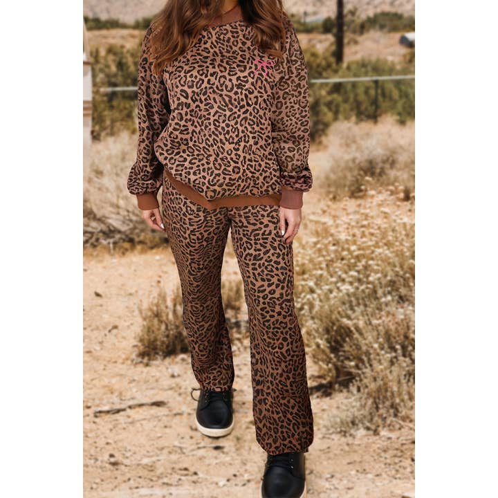 Western Leopard Contrast Trim Long Sleeve Top and Pants Set for wholesale by fashionworks