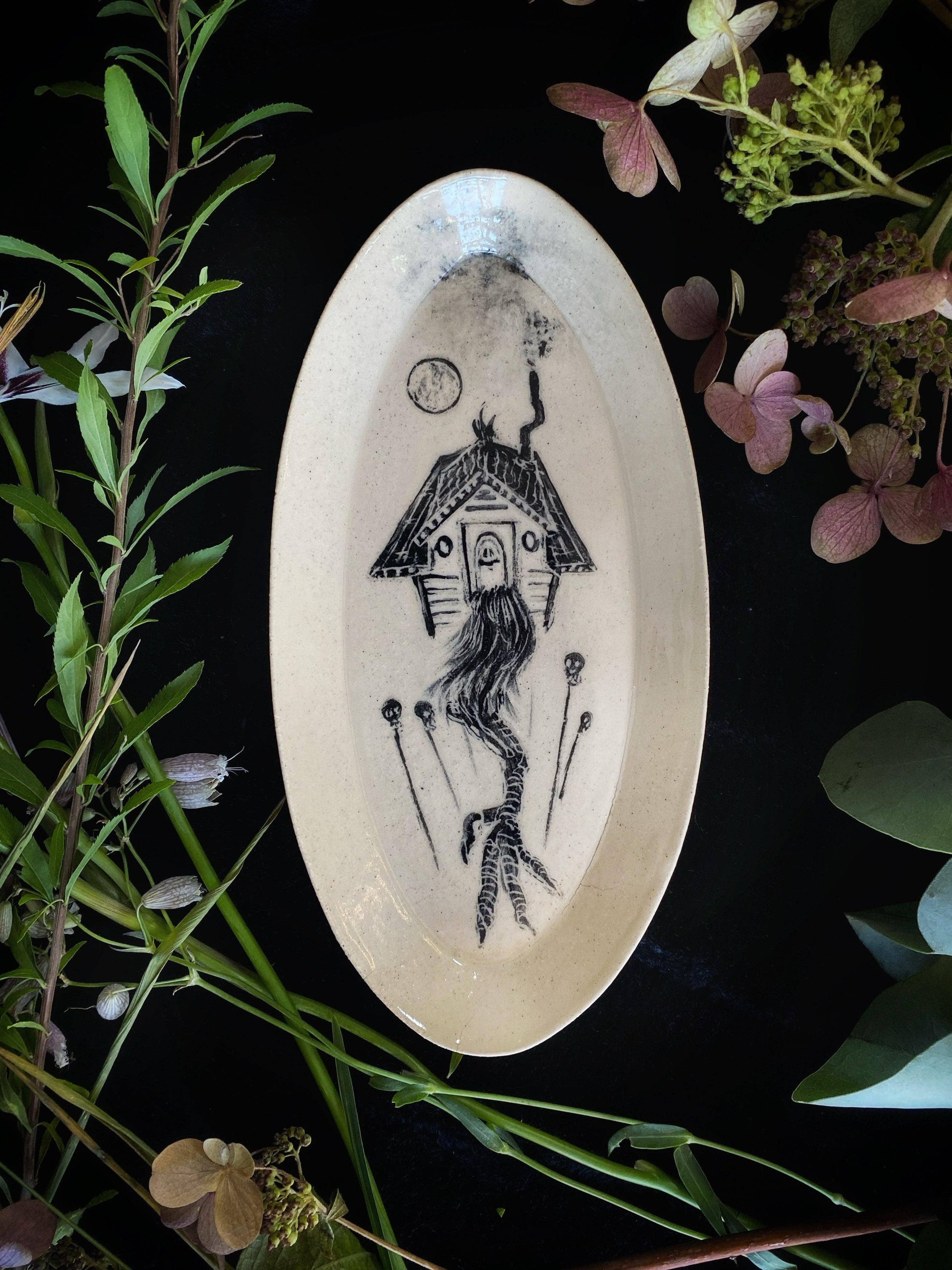 Keven Craft Rituals LLC – wholesale Decorative plate/dish/bowl – Black Sgraffito Baba Yaga Ceramic Offering Plates0