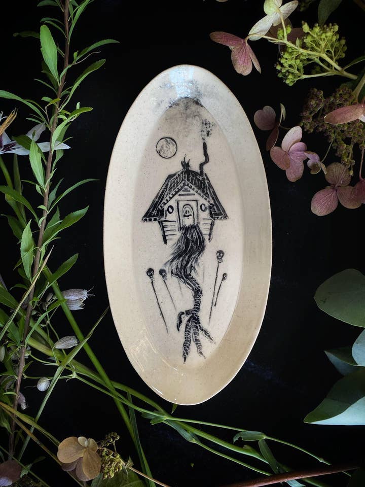 Black Sgraffito Baba Yaga Ceramic Offering Plates for wholesale by Keven Craft Rituals LLC