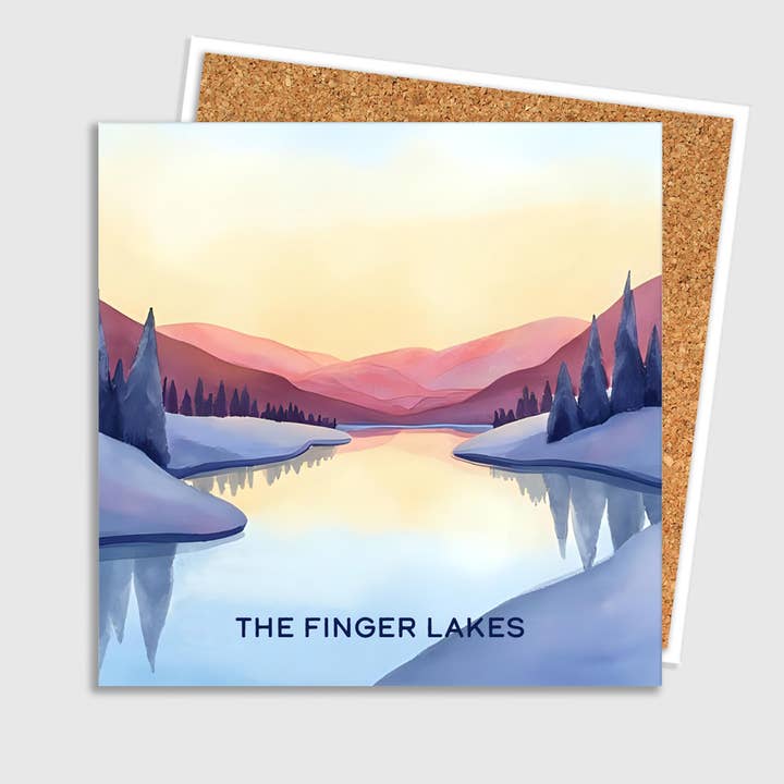 Sous-verre en céramique personnalisé Finger Lakes hiver pour la vente par Lake Town Love