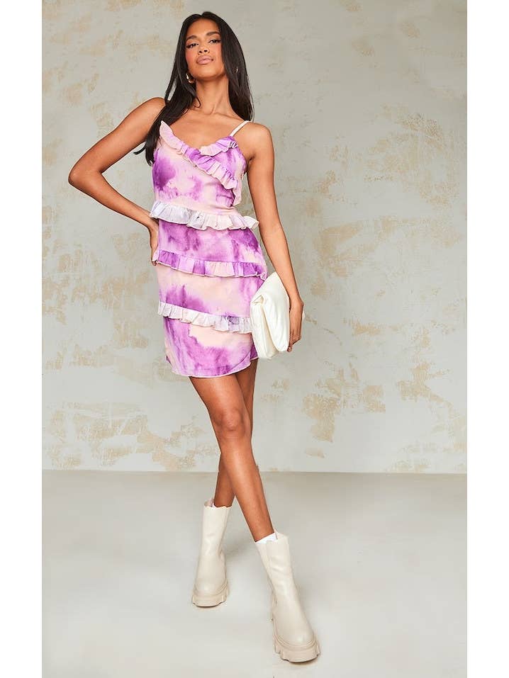 Viola Abito a turni con spalline asimmetriche con stampa ad acquerello viola in vendita all'ingrosso su Faire