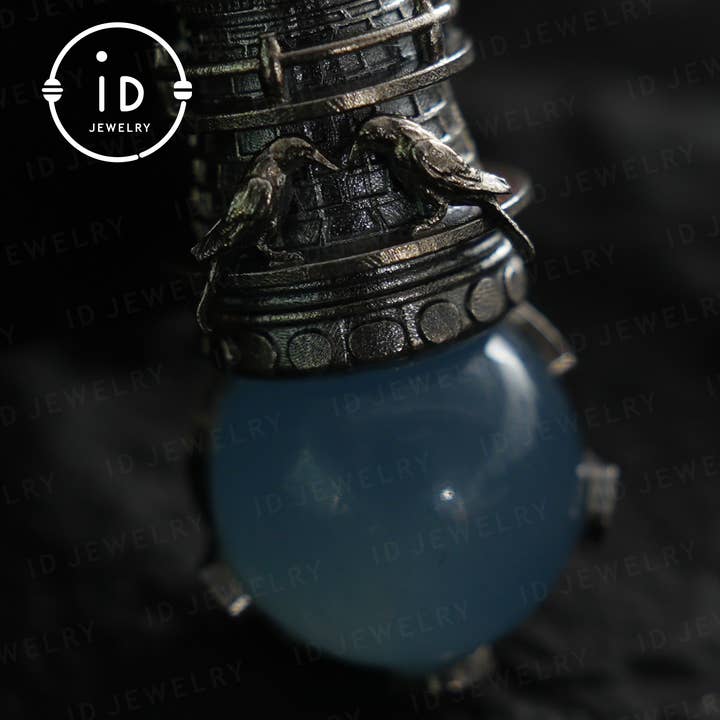 idjewelry – wholesale Individual charm/pendant – Handmade Lighthouse Pendant | Gothic Amulet with Aquamarine | Mystic Ravens | Magical Protection Jewelry | Vintage Fantasy Style1