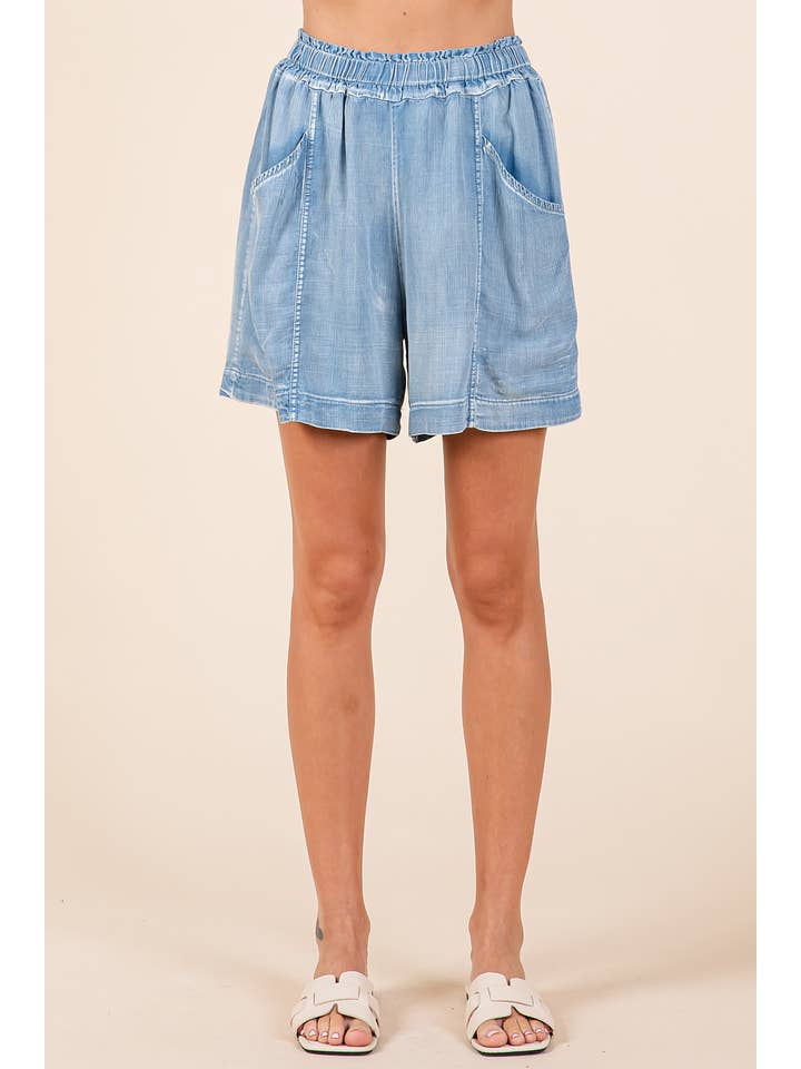 mittoshop - Wholesale Shorts - Women's - WASHED CHAMBRAY ELASTIC WAIST EASY FIT SHORTS