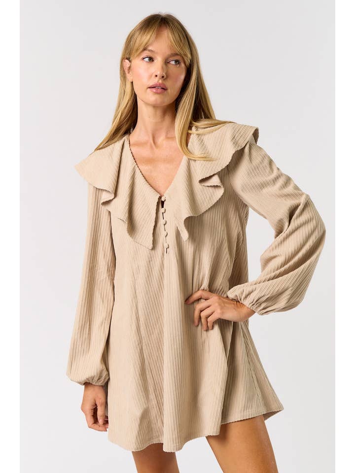 Lalavon - Wholesale Dress - Women's - ILD5095 Corduroy Ruffled Puff Sleeve Mini Dress 0