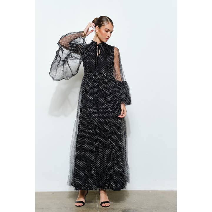 BLACK Polka Dot Mesh Layered Sleeve Maxi Dress for wholesale on Faire2