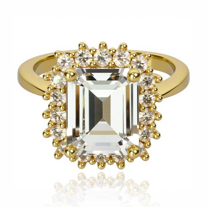 Anel de Ouro com Halo e Corte Esmeralda por atacado de Caratina