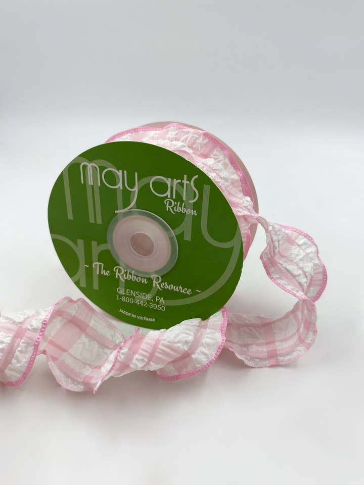 1.5″ Pink & White Seersucker Plaid Ruffled Edge Ribbon for wholesale by May Arts Ribbon