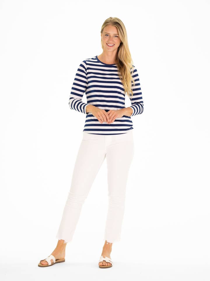 Sunnie Sun Shirt in Royal Navy & White Stripe for wholesale by Duffield Lane