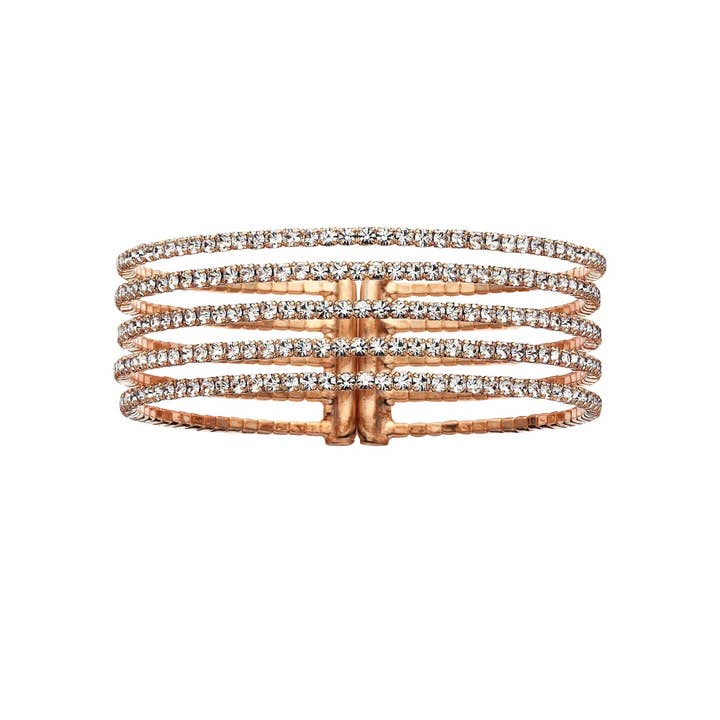Bracelet-manchette à 5 rangs en métal doré rose avec des cris blancs étincelants pour la vente par Luxe on Main LLC