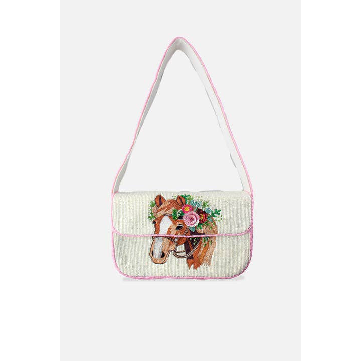 EMBROIDERED HORSE DOUBLE SIDED BEADED SHOULDER BAG for wholesale by Pizzazz, Inc.