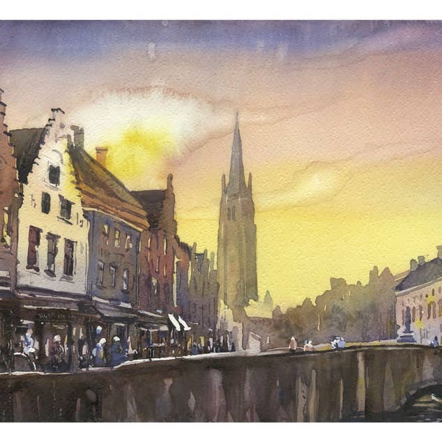 Brugge, Belgiens solnedgangsmaleri. Akvarel maleri Belfry of Brugge stiger over middelalderlige builidngs af byen. Brugge skyline kunstværk (print) for engroshandel hos Ryan Fox Fine Art