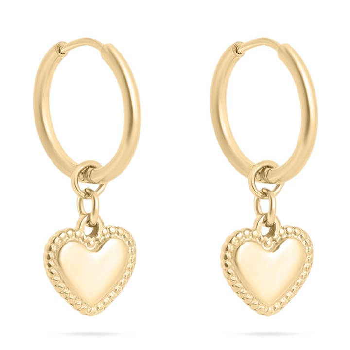 18K Gold PVD Stainless Steel Heart Pendant Hoop Earrings for wholesale by WJW
