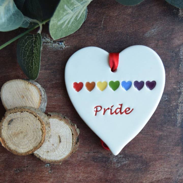 Broadlands Pottery – wholesale Ornament – Rainbow - Pride with rainbow hearts - Handmade ceramic heart1