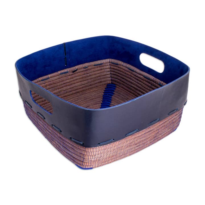 Novica Bold Blue Beauty Leather Accent Natural Fiber Basket for wholesale by NOVICA