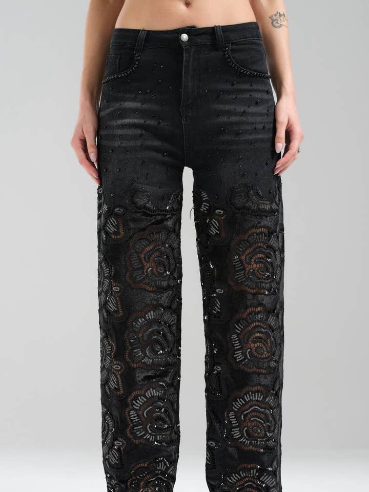 High Waist Zwarte Flare Jeans - Kant & Pailletten Roos, Goth Stre voor wholesale door DesignofBoho