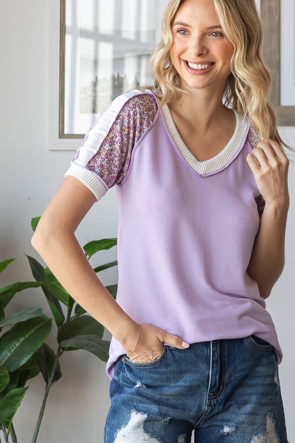 7th Ray – Großhandel Strickoberteil – Damen – Blumiges Multi-Stoff V-Ausschnitt Raglan Kurzarm-Top T59394