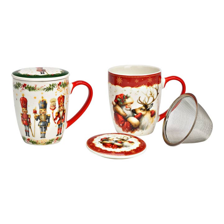 Wurm - Wholesale Christmas Decoration - Tea Mug Nutcracker/Deer Design with Lid/Metal Strainer made of Porcelain, 2-piece, Red/Green (H/W/D) 13x11x9cm 350ml2