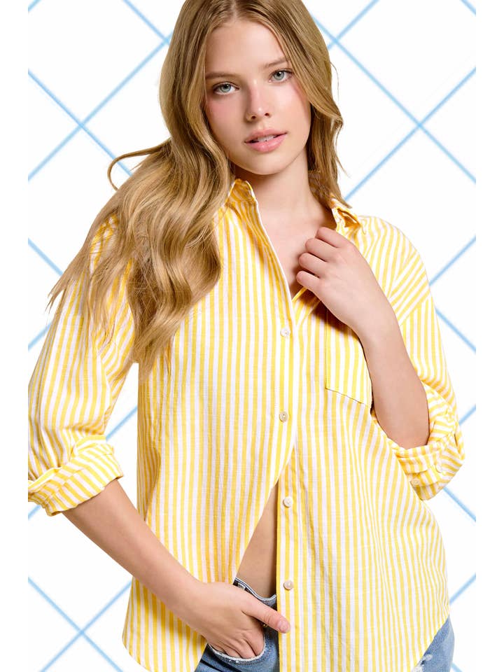 La Miel - Wholesale Button Down Shirt - Women's - SRT7903-Collared Contrast Stripe Button Down Shirt5