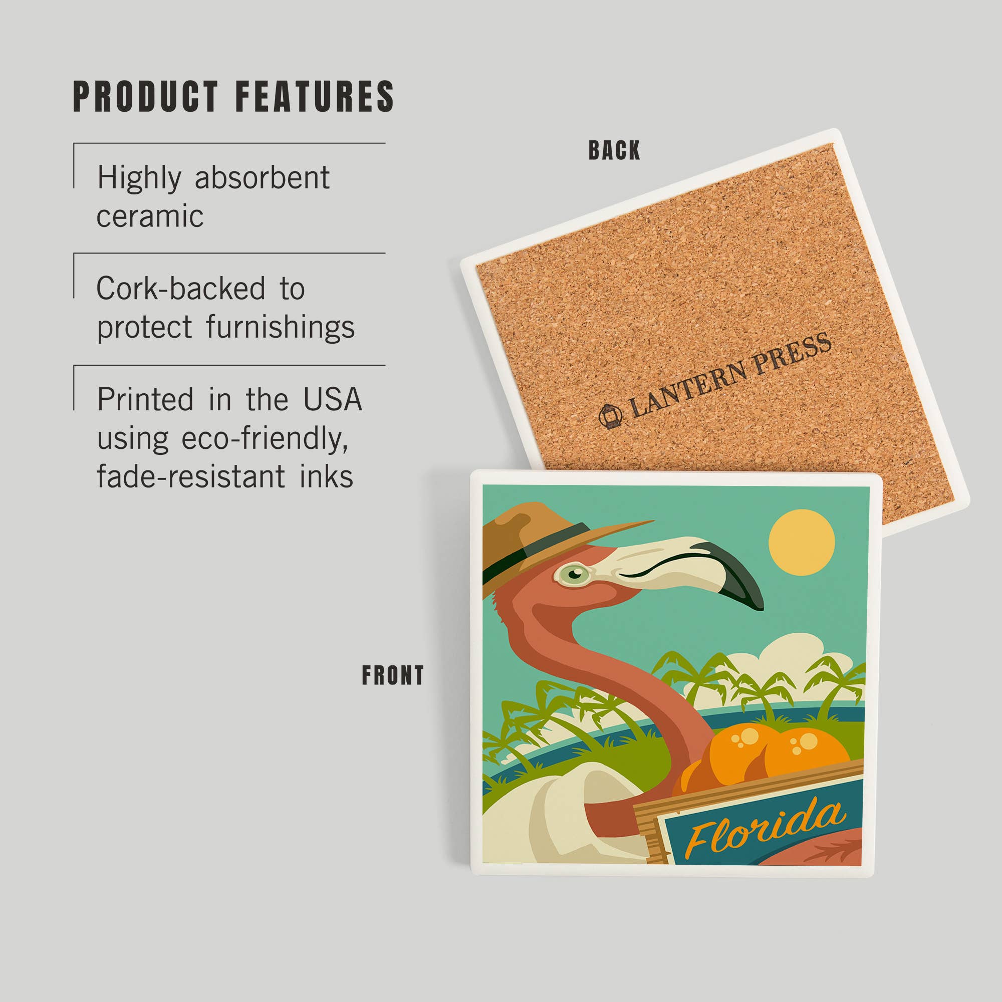 Lantern Press - Vente Sous-verre - SOUS-VERRE EN CÉRAMIQUE Florida, Flamingo et Oranges2