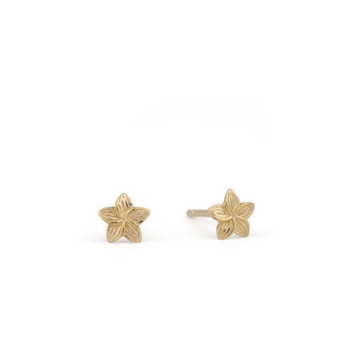 Mini pendientes de plumeria — Pendientes de flor minimalistas de oro amarillo macizo para venta al por mayor de Aiden Jae