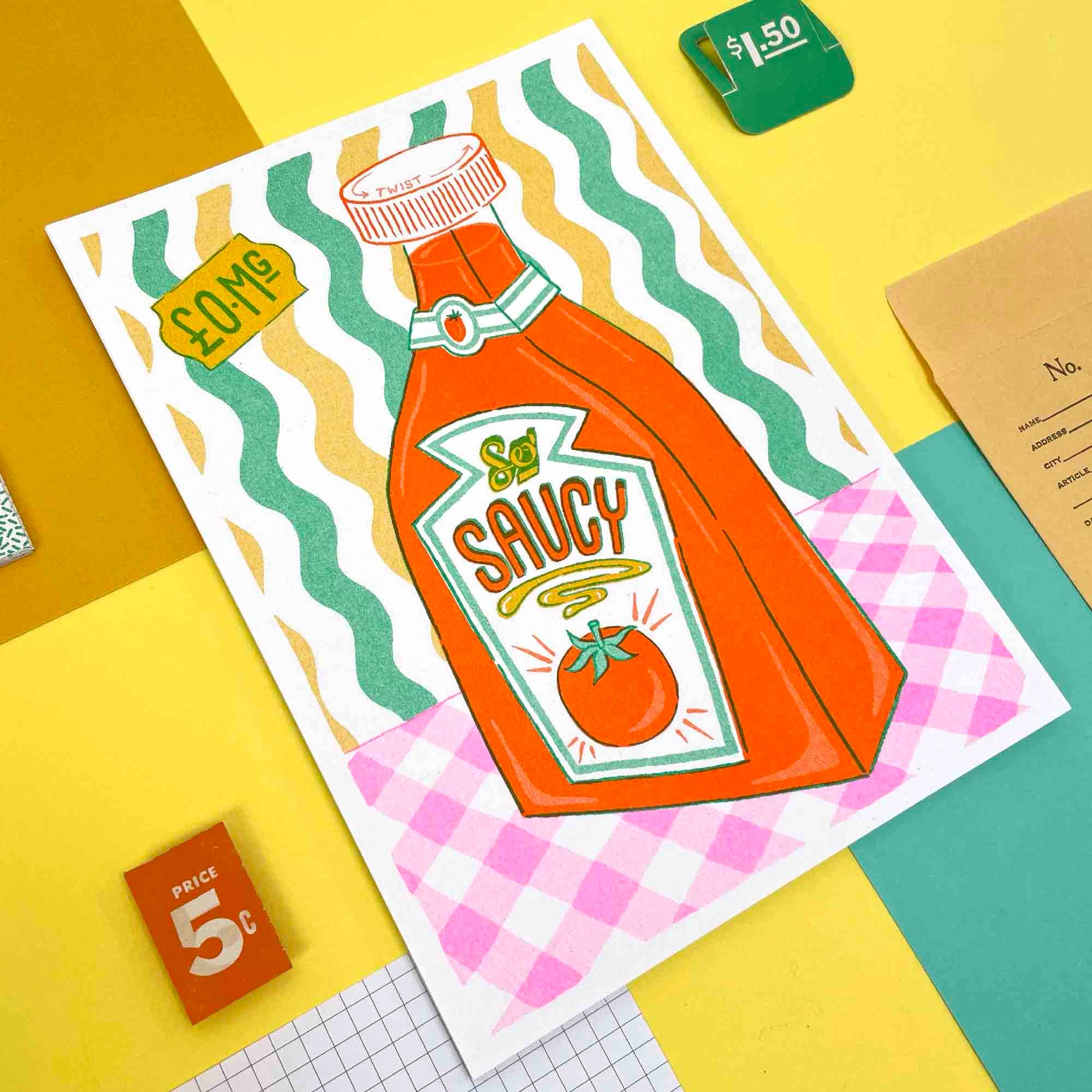 Jacqueline Colley - Wholesale Art Print - A5 Sauce Bottle Risograph Print2